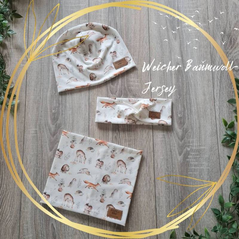 Kinder Beanie Mütze Haarband & Loop Halssocke Doppellagig Jersey Schal Frühling Sommer Creme Waldtiere Baby Mädchen Gezeiten von Gezeiten