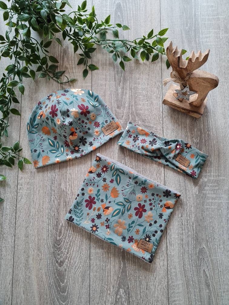 Mütze Beanie Haarband & Loop Halssocke Schal Doppellagig Jersey Fleece Frühling Sommer 40 - 57 cm Mint Gold Vögel Baby Kind Mädchen Gezeiten von Gezeiten