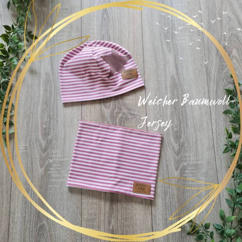 Mütze Loop Set Frühling Sommer Beanie Doppellagig Jersey Baby Mädchen Streifen Mit Stern Rosa Weiß Gestreift Kind Strand von Gezeiten