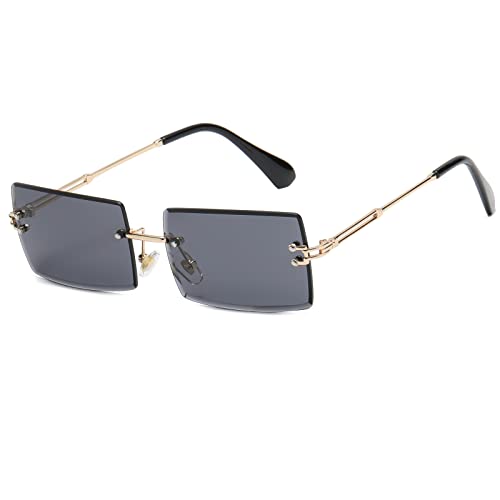 Ggpyyon Rechteck Randlose Sonnenbrille für Damen Herren,Rahmenlose Sonnenbrille Retro Durchsichtige Linse für Frauen Männer UV400-Schutz(Gold/Grau) von Ggpyyon