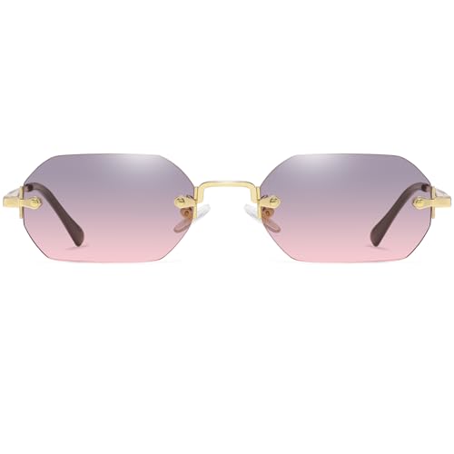 Ggpyyon Retro Rechteck Rahmenlose Sonnenbrille für Damen Herren Trendy Metall Gold Polygon Randlose Sonnenbrille(Gold/Farbverlauf Grau Rosa) von Ggpyyon