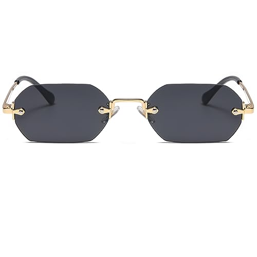 Ggpyyon Retro Rechteck Rahmenlose Sonnenbrille für Damen Herren Trendy Metall Gold Polygon Randlose Sonnenbrille(Gold/Grau) von Ggpyyon