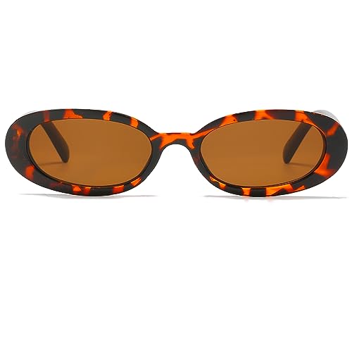 Ggpyyon Vintage Oval Sonnenbrille 90er Retro Trendy Kleine Runde Sonnenbrillen für Damen Herren Ovale Brille(Leopard/Braun) von Ggpyyon