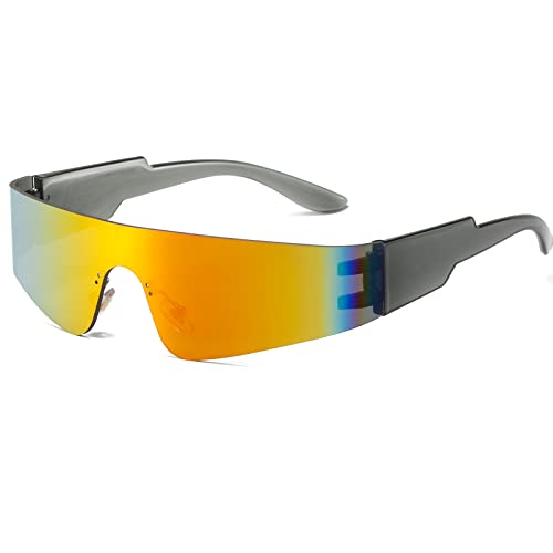 Ggpyyon Futuristische Y2K Sonnenbrille Herren Damen Rahmenlos Schnelle Brille mit Verspiegelte Linse Sportbrille Fahrerbrille UV400 Schutz(Grau/Orange) von Ggpyyon