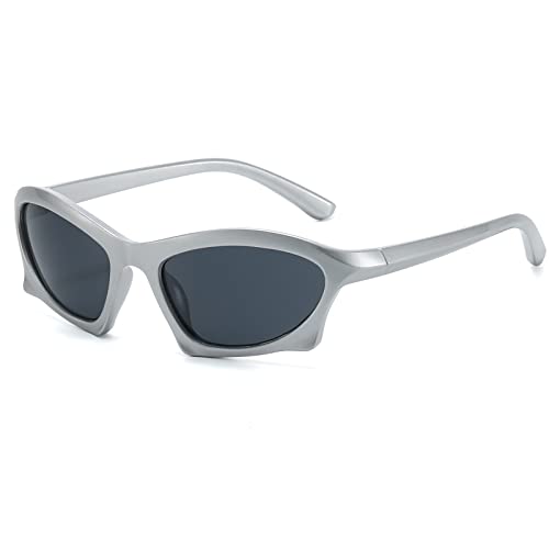 Ggpyyon Y2K Sonnenbrille für Damen Herren Fledermaus Trendy Gespiegelte Schatten Rechteck Cyberpunk Swift Oval Sport Silber Gläser Wrap Around Sunglasses(Silber/Grau) von Ggpyyon