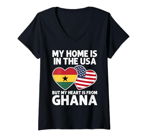 Damen My Home USA My Heart Ghana Ghanaian American Pride Flagge T-Shirt mit V-Ausschnitt Damen My Home USA My Heart Ghana Ghanaian American Pride Flagge T-Shirt mit V-Ausschnitt von Ghana Pride Flag Apparel