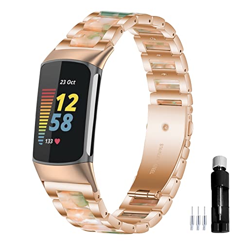 Gheper Harz Edelstahl Armband Kompatibel mit Fitbit Charge 6 / Charge 5 Smartwatch Armbändern Ersatz Metallarmband für Damen und Herren von Gheper