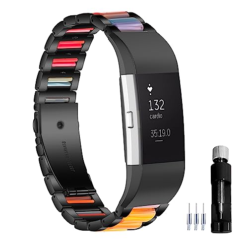 Gheper Harz Edelstahl Uhrenarmband Kompatibel mit Fitbit Charge 2/Charge 2HR Smartwatch Armband Ersatz Metall Armband für Frauen Männer von Gheper