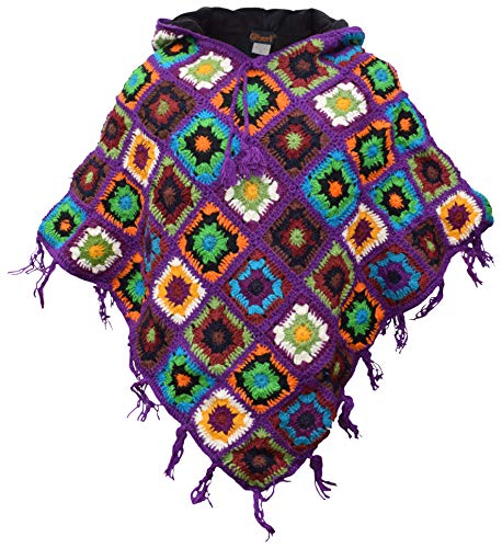 Gheri Bunt Mit Kapuze Vlies Gefüttert Gehäkelt Patchwork Wolle Poncho Lila von Gheri