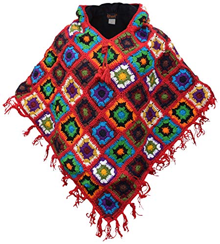 Gheri Bunt Mit Kapuze Vlies Gefüttert Gehäkelt Patchwork Wolle Poncho Rot von Gheri