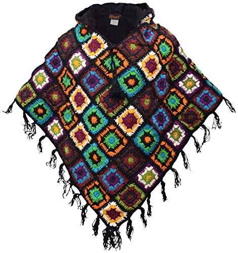 Gheri Bunt Mit Kapuze Vlies Gefüttert Gehäkelt Patchwork Wolle Poncho Schwarz von Gheri