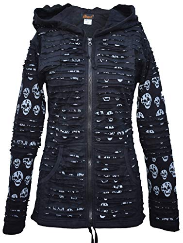 Gheri Damen Kapuzenjacke mit Totenkopf-Aufdruck, Razor Cut Emo Gothic Rippen Gr. 36, Schwarz von Gheri