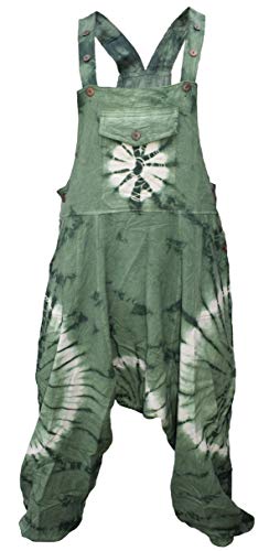 Gheri Damen Latzhose mit tiefem Schritt, Batikfärbung Gr. Small, Grüne Spirale von Gheri