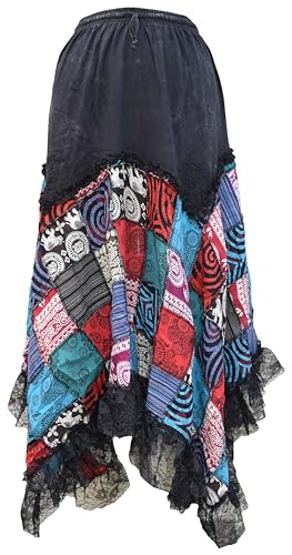 Gheri Damen-Patchwork-Bohemien-Pixie-Rock aus Baumwolle mit Spitzensaum in Schwarz von Gheri