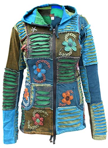 Gheri Damen Rasiermesserschnitt Rippen Stickerei Blumen Patchwork Türkis Kapuzenpullover Ungefüttert 16 von Gheri