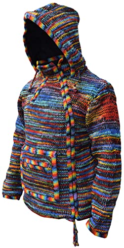 Gheri Handgestrickter Kapuzenpullover aus Wolle, mit hohem Kragen, Batikfärbung, Schwarzer Regenbogen, L von Gheri