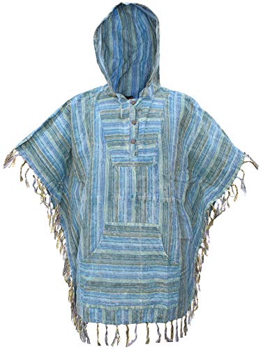 Gheri Herren Baumwolle Leicht Kängurutasche Mit Kapuze Festival Poncho Turquoise Striped Stone Washed von Gheri