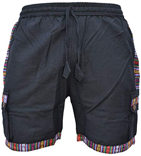 Gheri Herren Baumwolle Rand nepalesische Shorts Hippie Boho halbe Hose schwarz mittel von Gheri