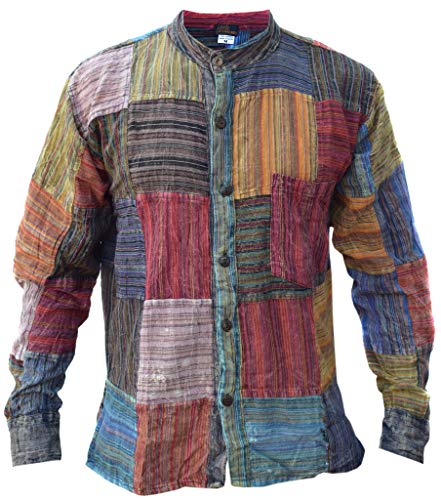 Gheri Herren Gestreiftes Kurta Hemd aus 100% Baumwolle mit Patchwork und langarm Mittel Mehrfarbig von Gheri