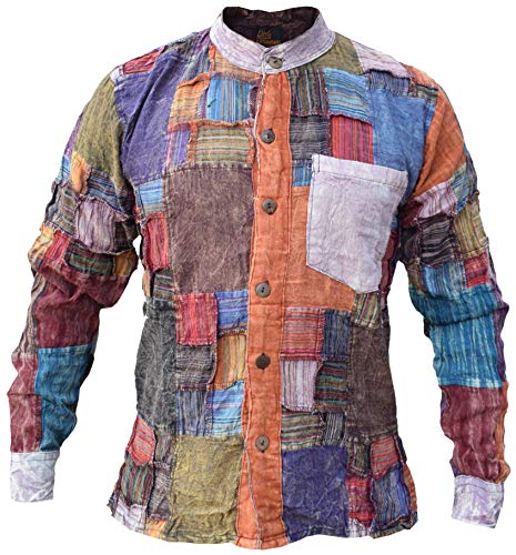 Gheri Herren Gitter Patchwork Baumwolle Lange Ärmel Beiläufig Opa Kragenlos Hemd Tops Kurtas Medium von Gheri