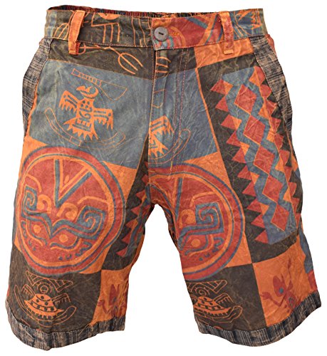 Gheri Herren-Hanf-Baumwoll-Shorts mit Ethno-Print, Taschen, Knopf und Reißverschluss. B Medium von Gheri