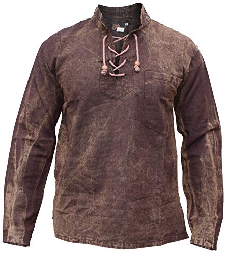 Gheri Herren Hanf Baumwolle Zubinden V-Ausschnitt Opa Hemd Stein Gewaschen Braun X-Large von Gheri