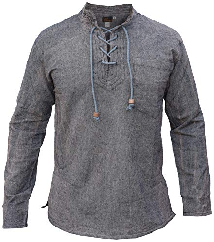 Gheri Herren Hanf Baumwolle Zubinden V-Ausschnitt Opa Hemd Stein Gewaschen Grau X-Large von Gheri