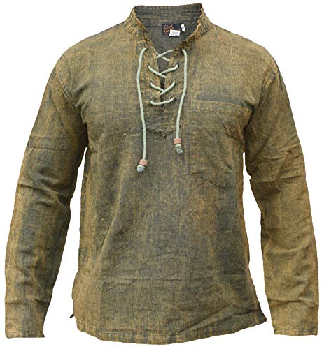 Gheri Herren Hanf Baumwolle Zubinden V-Ausschnitt Opa Hemd Stein Gewaschen Grün Medium von Gheri