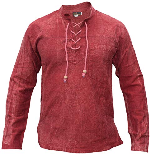 Gheri Herren Hanf Baumwolle Zubinden V-Ausschnitt Opa Hemd Stein Gewaschen Kastanienbraun XXXL von Gheri