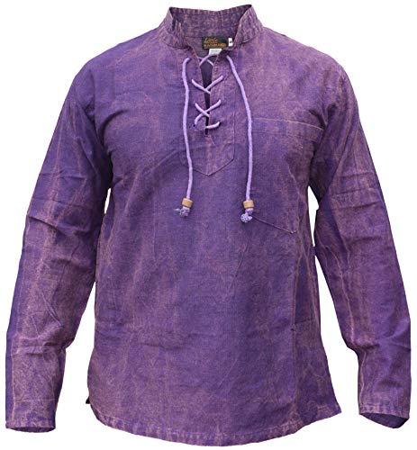 Gheri Herren Hanf Baumwolle Zubinden V-Ausschnitt Opa Hemd Stein Gewaschen Lila X-Large von Gheri