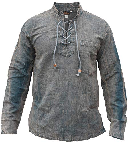 Gheri Herren Hanf Baumwolle Zubinden V-Ausschnitt Opa Hemd Stein Gewaschen Schmutziges Grün XX-Large von Gheri