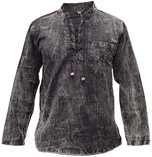 Gheri Herren Hanf Baumwolle Zubinden V-Ausschnitt Opa Hemd Stein Gewaschen Schwarz XXX-Large von Gheri