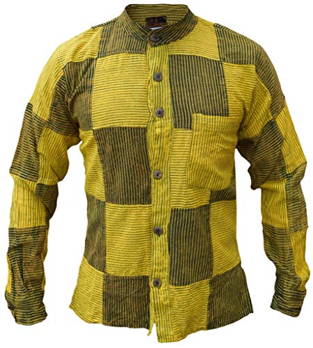 Gheri Herren Nadelstreifen Baumwolle Opa Knopf Runter Sommer Hemden Gelb Schwarz Large von Gheri