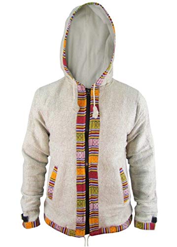 Gheri Herren Ofal Baumwolle Vlies Gefüttert Ethnisch Nepalese Voll Reißverschluss Winter Jacke Kapuzenpullover Hellgrau XL von Gheri