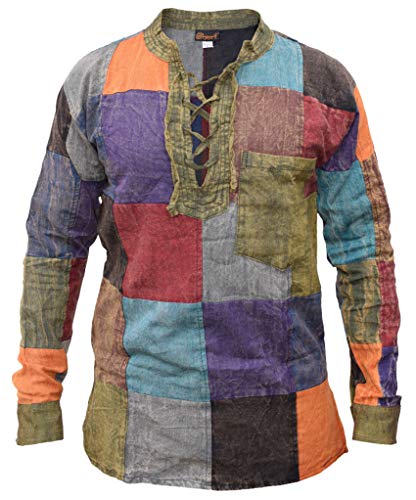 Gheri Herren Patchwork-Hemd zum Schnüren, Großvater, Stone Washed Gr. L, Einfacher Aufnäher. von Gheri