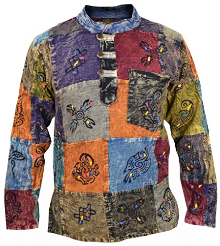 Gheri Herren Patchwork Hippie Opa Gedruckt Symbole Beiläufig Hemd Stein gewaschen Medium von Gheri