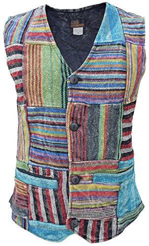 Gheri Herren Top Patchwork Gestreift Boho Voll Knopf Stein Gewaschen Weste L von Gheri