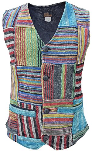 Gheri Herren Top Patchwork Gestreift Boho Voll Knopf Stein Gewaschen Weste XL von Gheri