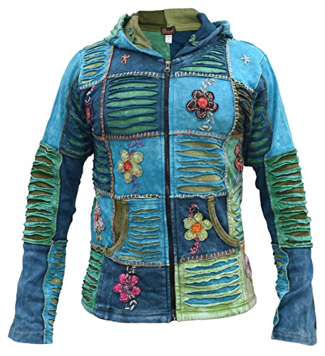 Gheri Herren Türkis Stickerei Patchwork Lange Kapuze Hippy Festival Baumwolle Jacke Ungefüttert M von Gheri