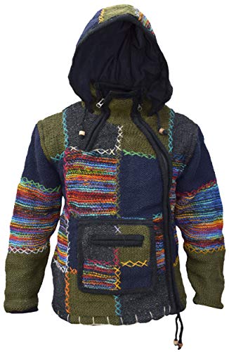 Gheri Herren Wollpatch Kangaroo Pouch Fleece gefütterte Handgestrickte Winterjacke Hoodie Single Zip Large von Gheri