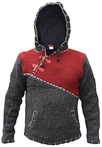 Gheri Kreuzung Reißverschluss Natürlich Wolle Winter Festival Gestrickt Jumper Jacke Kapuzenpullover Kastanienbraune Holzkohle Mix X-Large von Gheri