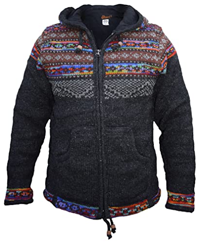 Gheri Snowflake Winter doppelt gestrickte handgemachte nepalesische Jacke Hoodie Fair Isle Jazzy Charcoal Large von Gheri