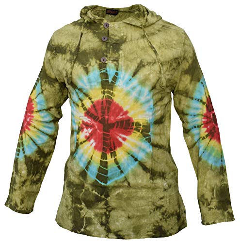 Gheri Tie Dye Baumwolle Licht Sommer Hippie Psychedelisch Bohemien Opa Kapuzenpullover Grüne Spirale XXL von Gheri