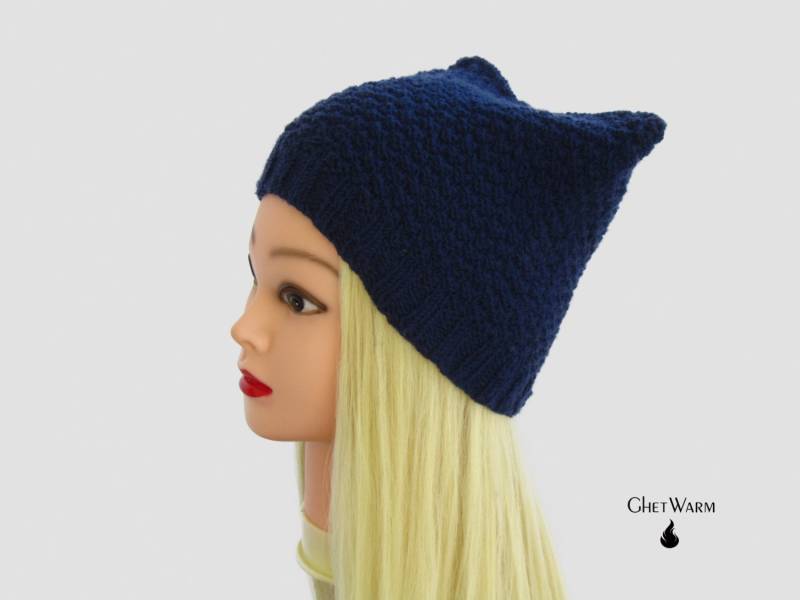 Handgestrickte Blaue Katzenohren Mütze. Beanie. Geschenk Zum Valentinstag. Wolle Winter Frau Hüte von GhetWarm