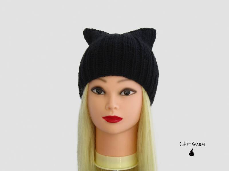 Schwarze Wolle Gestrickte Handgemachte Hut Mit Katzenohr. Kitty Ohren Hut. Katze Ohr Stirnband. Tierohren. Mützen Für Damen Gestrickt. Gehäkelte von GhetWarm