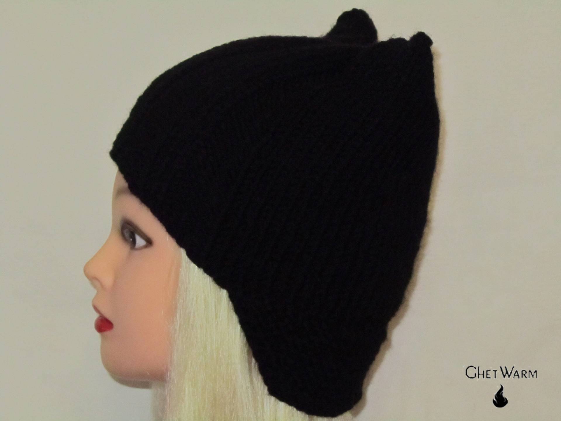 Woll Gestrickte Schwarze Frauenmütze Mit Katzenohr. Warme Mütze, Beanie Mädchen. Gehäkelte Katzenohren Mütze. Geschenk Für Kopfschmuck. Ohrenwärmer von GhetWarm