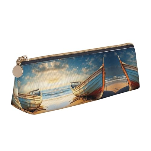 Ghjkfbf Federmäppchen aus Leder, Motiv: Boot am Strand, Tasche mit Reißverschluss für Schreibwaren, kleine Kosmetiktasche von Ghjkfbf