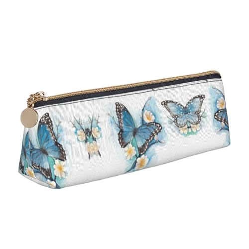 Ghjkfbf Federmäppchen aus Leder mit blauem Schmetterling auf Blüten, mit Reißverschluss, für Schreibwaren, kleine Kosmetiktasche von Ghjkfbf