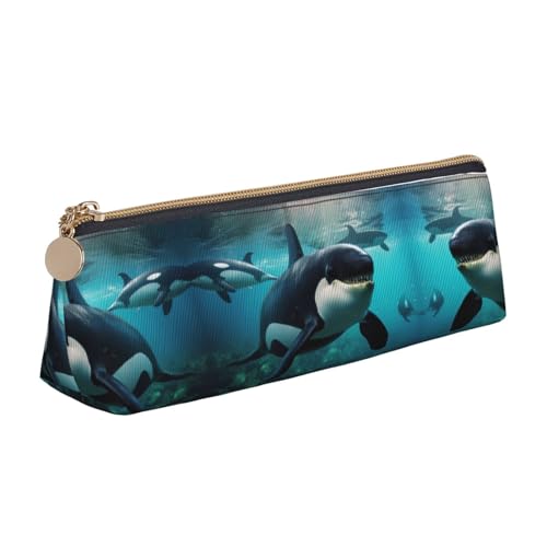 Ghjkfbf Killer Whales Swim Along Federmäppchen aus Leder mit Reißverschluss für Schreibwaren, kleine Kosmetiktasche von Ghjkfbf