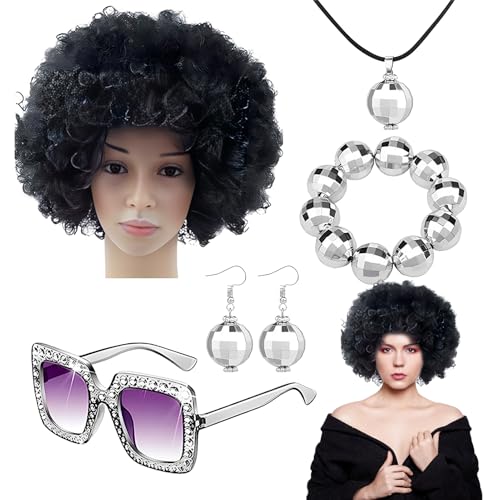 Ghjkldha 70er Jahre Disco Zubehör für Damen | Rapper Kostüm 70er Jahre Disco Kostüm Set Ball Zubehör Halskette Afro Perücke Ohrringe Armband für Männer Frauen Retro Partys, Refer to description, Siehe von Ghjkldha